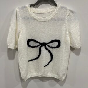 Anthropologie White Sweater with Black Bow